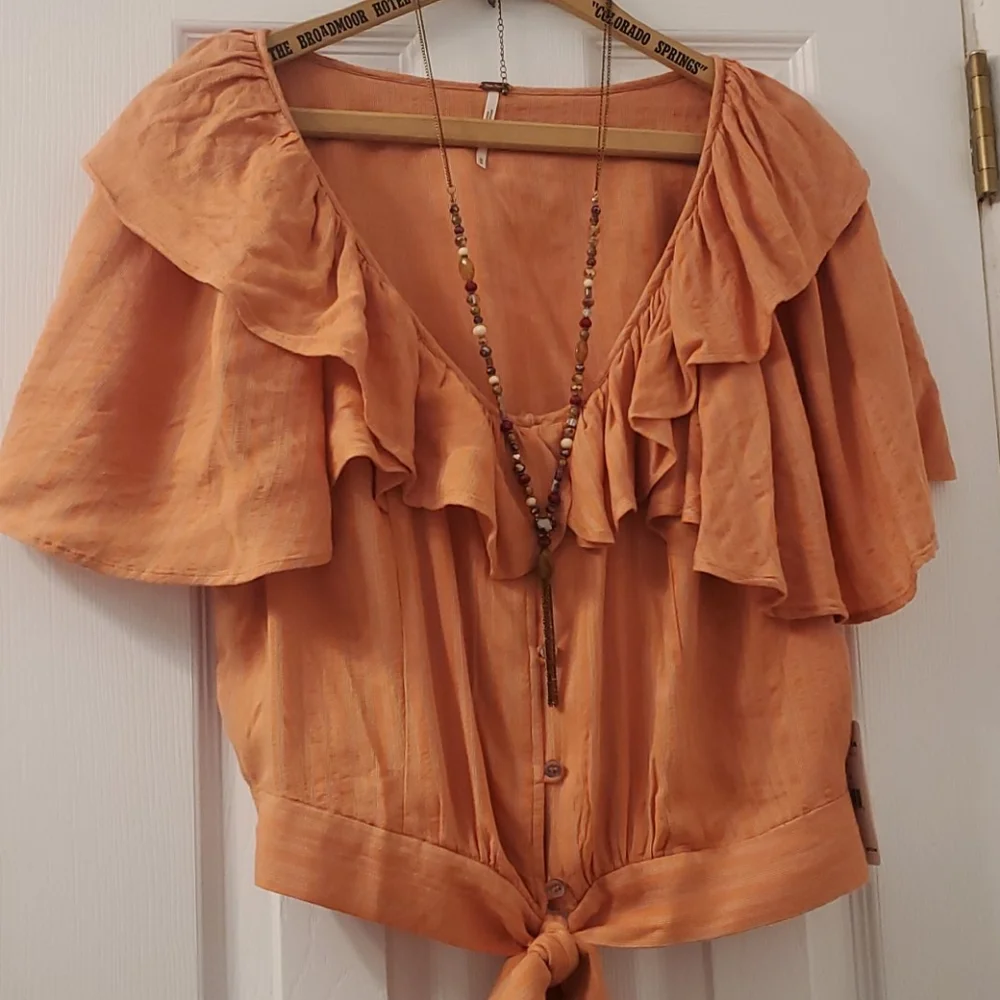FREE PEOPLE Rosemary Ruffle Peasant Boho Tie Front Top Coral Stripe NWT